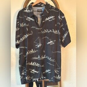 Quiksilver Waterman XXL Comfort Fit Hawaiian ButtonUp Shirt Canoe Fishing Print